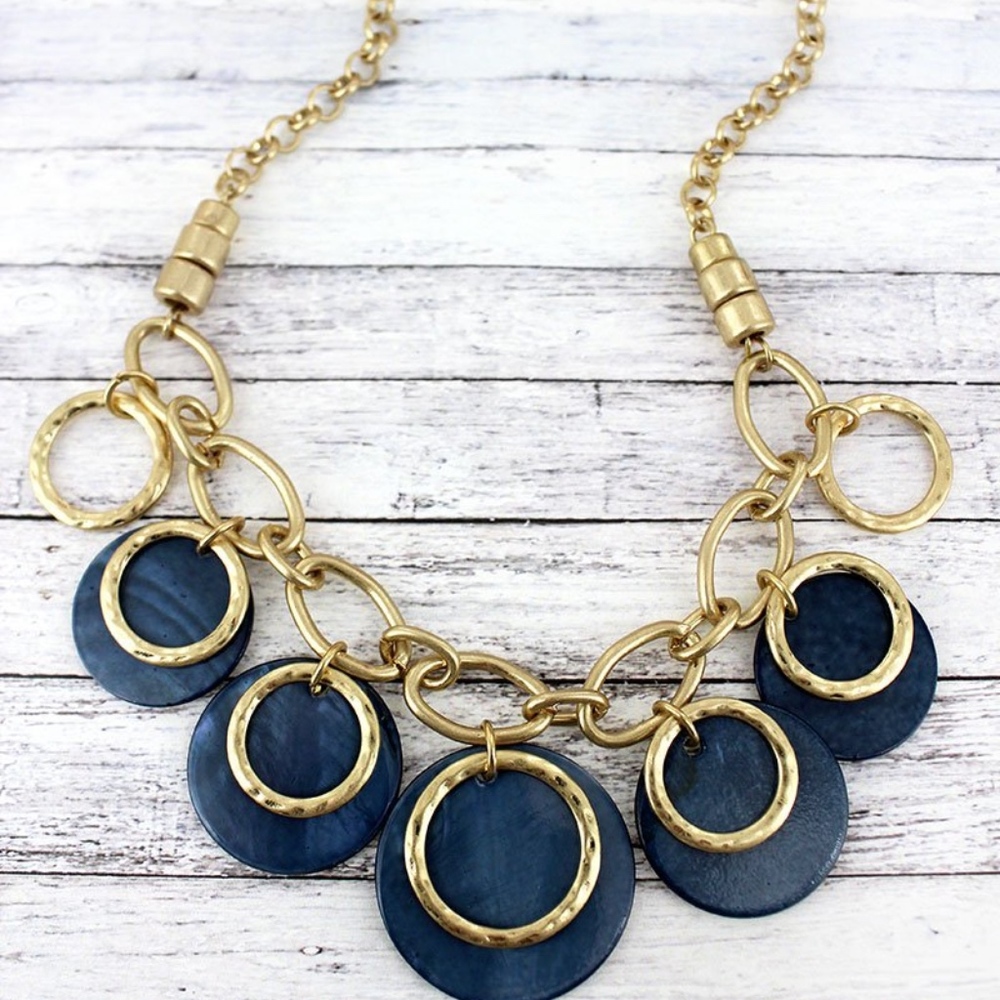 2/$18- GOLDTONE BLUE MOTHER OF PEARL DISK NECKLACE